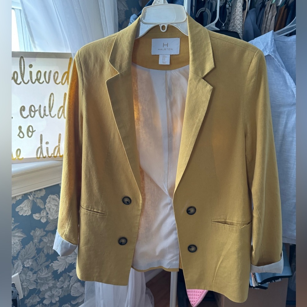 Halston Heritage Women's mustard open blazer boho classic jeans dress - Picture 4 of 4